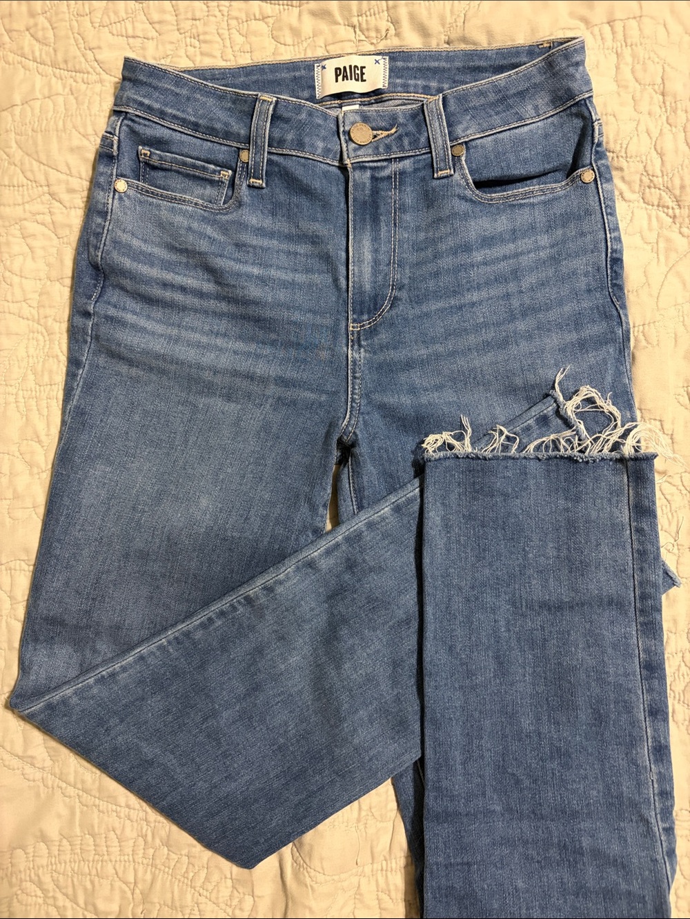 PAIGE Hoxton Slim Medium Blue Cropped Straight High-Rise Jeans with Frayed Hem